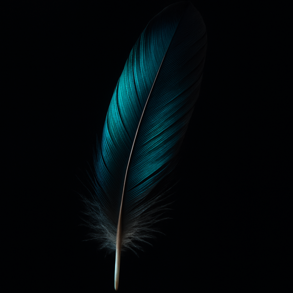 A single iridescent magpie feather on a dark background