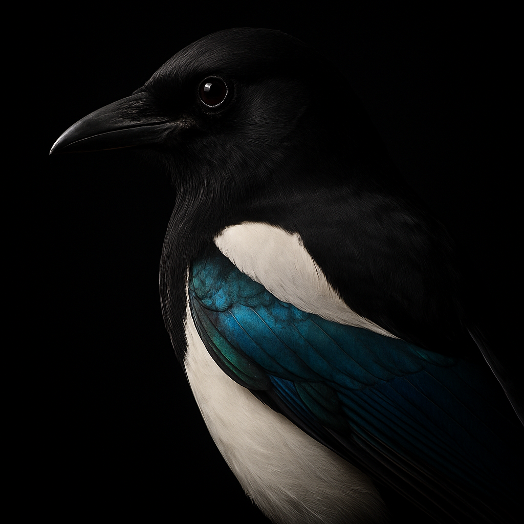 A magpie with iridescent teal and blue plumage against a black background
